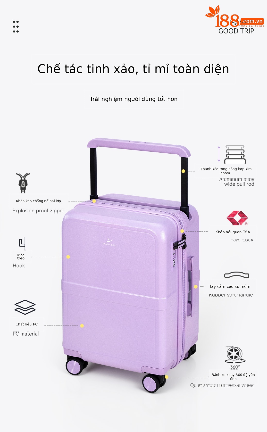 Vali PC thanh giằng rộng 20 inch bánh xe phổ thông im lặng mẫu mới 2025 — màu đen☆, màu xám☆, màu tím☆, màu trắng☆ chi tiết 2