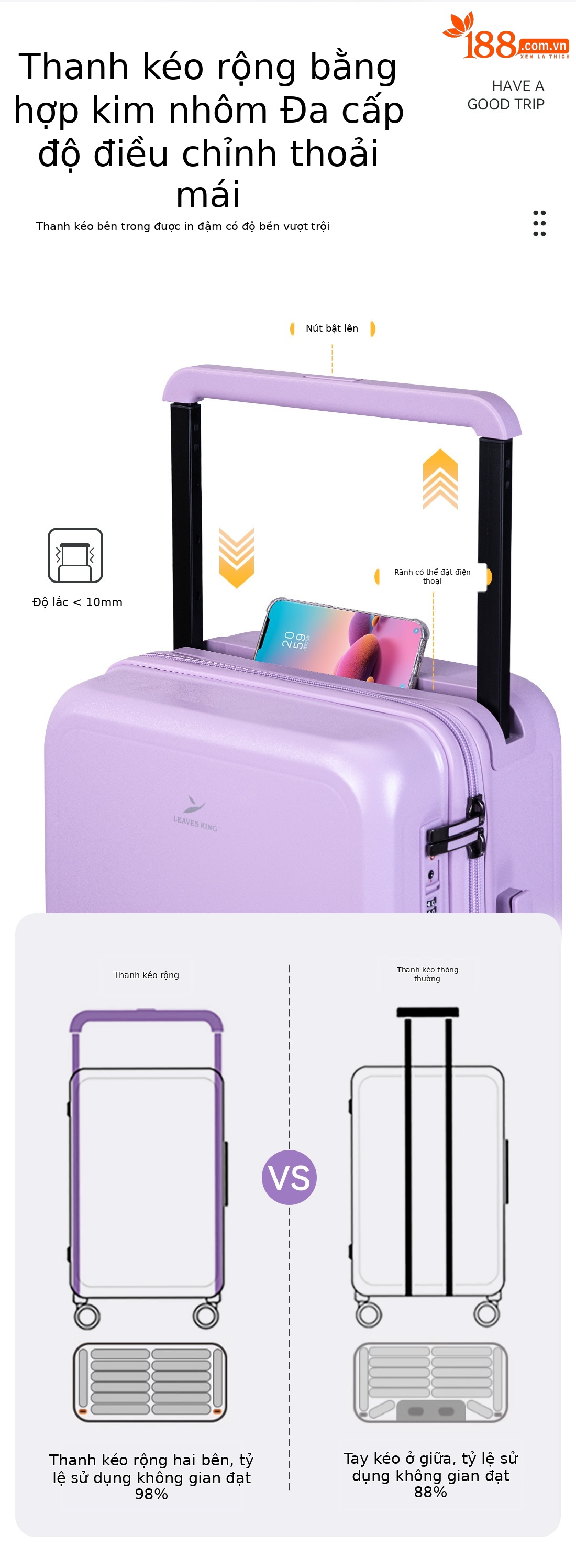 Vali PC thanh giằng rộng 20 inch bánh xe phổ thông im lặng mẫu mới 2025 — màu đen☆, màu xám☆, màu tím☆, màu trắng☆ chi tiết 3