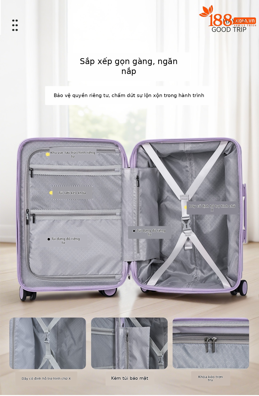 Vali PC thanh giằng rộng 20 inch bánh xe phổ thông im lặng mẫu mới 2025 — màu đen☆, màu xám☆, màu tím☆, màu trắng☆ chi tiết 8