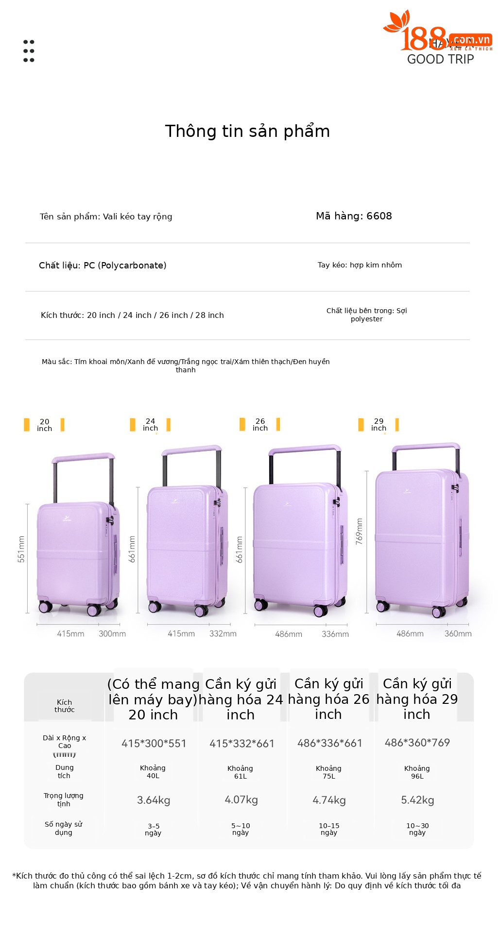 Vali PC thanh giằng rộng 20 inch bánh xe phổ thông im lặng mẫu mới 2025 — màu đen☆, màu xám☆, màu tím☆, màu trắng☆ chi tiết 9