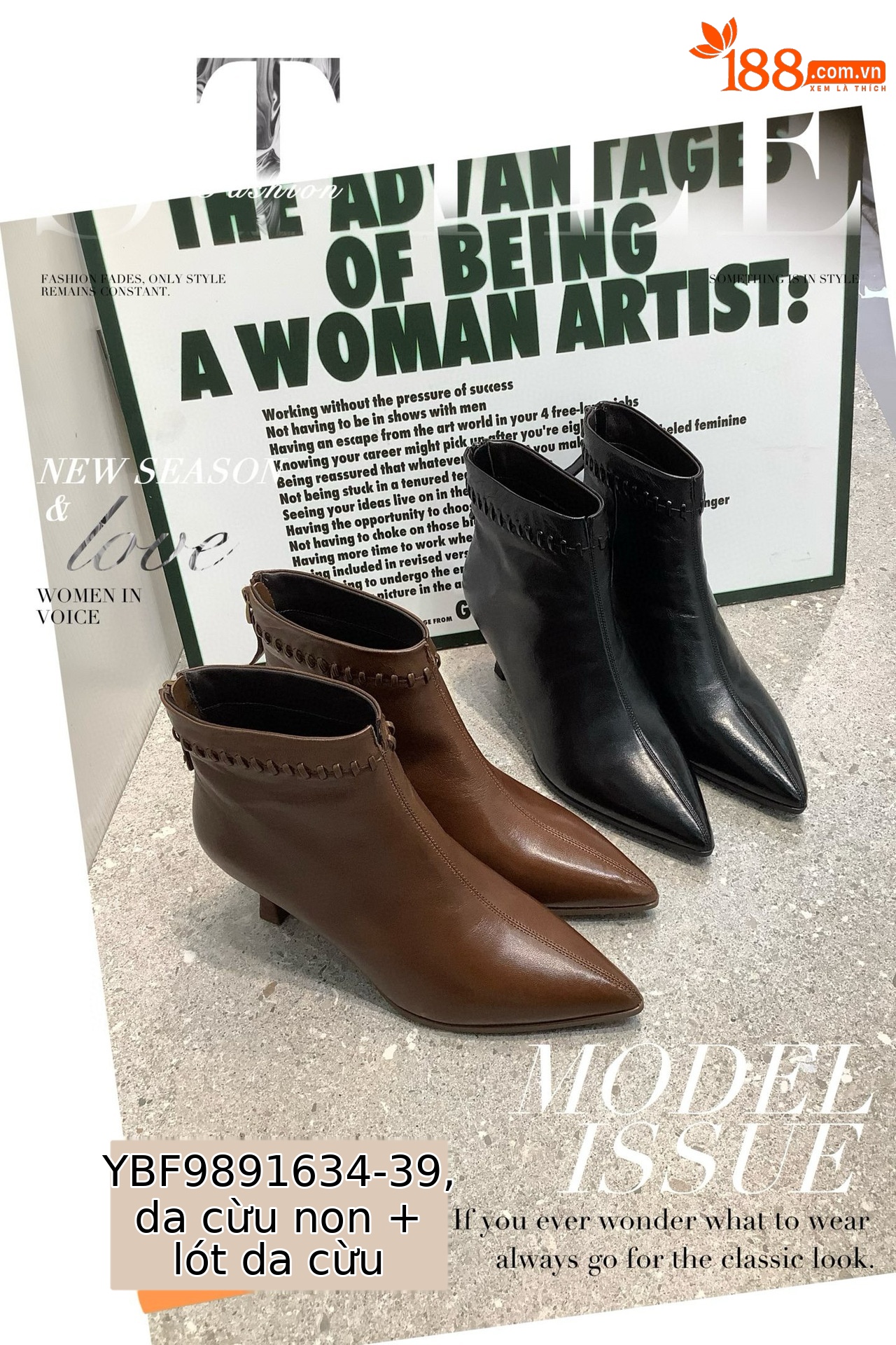 Boot nữ da thật cổ thấp mũi nhọn gót cao 6 cm phong cách công sở — Màu nâu, Màu đen chi tiết 7