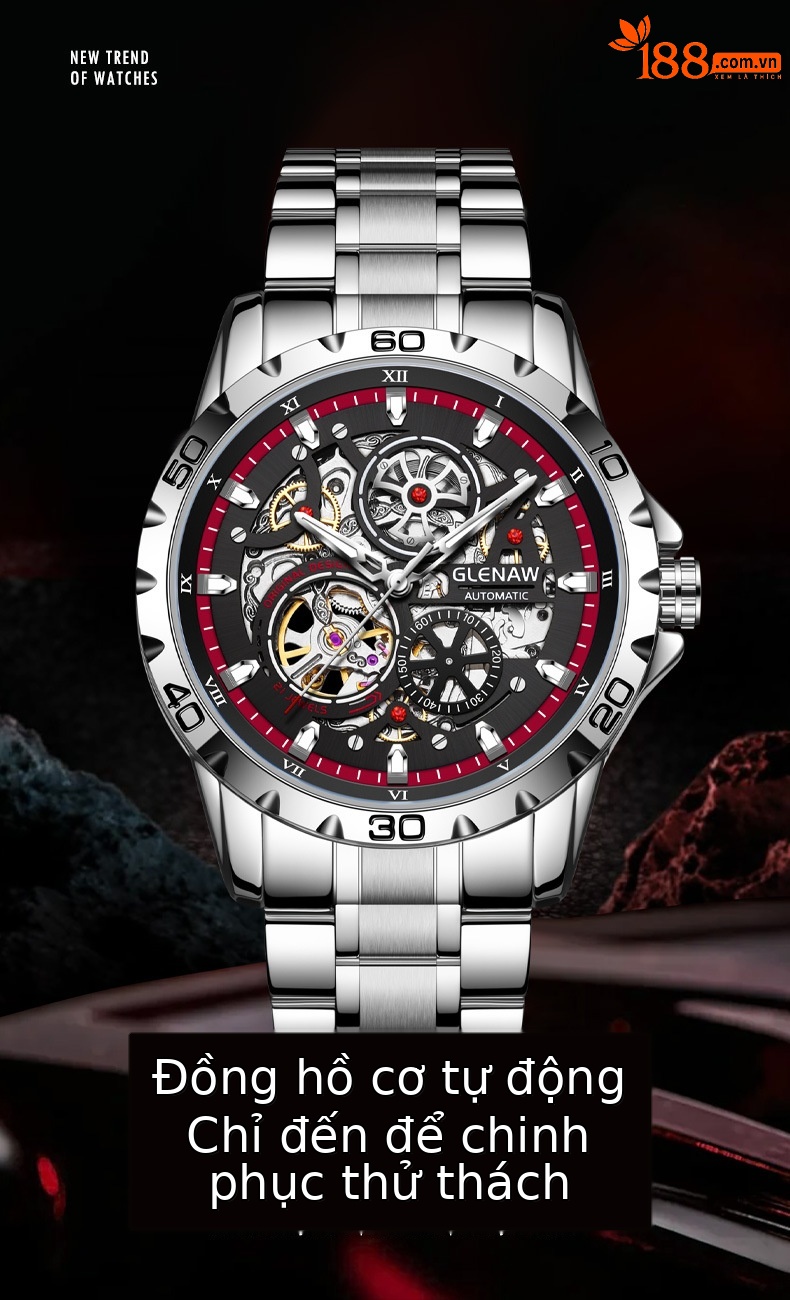 Đồng hồ nam automatic skeleton lộ máy hai mặt phát sáng dây thép chi tiết 1