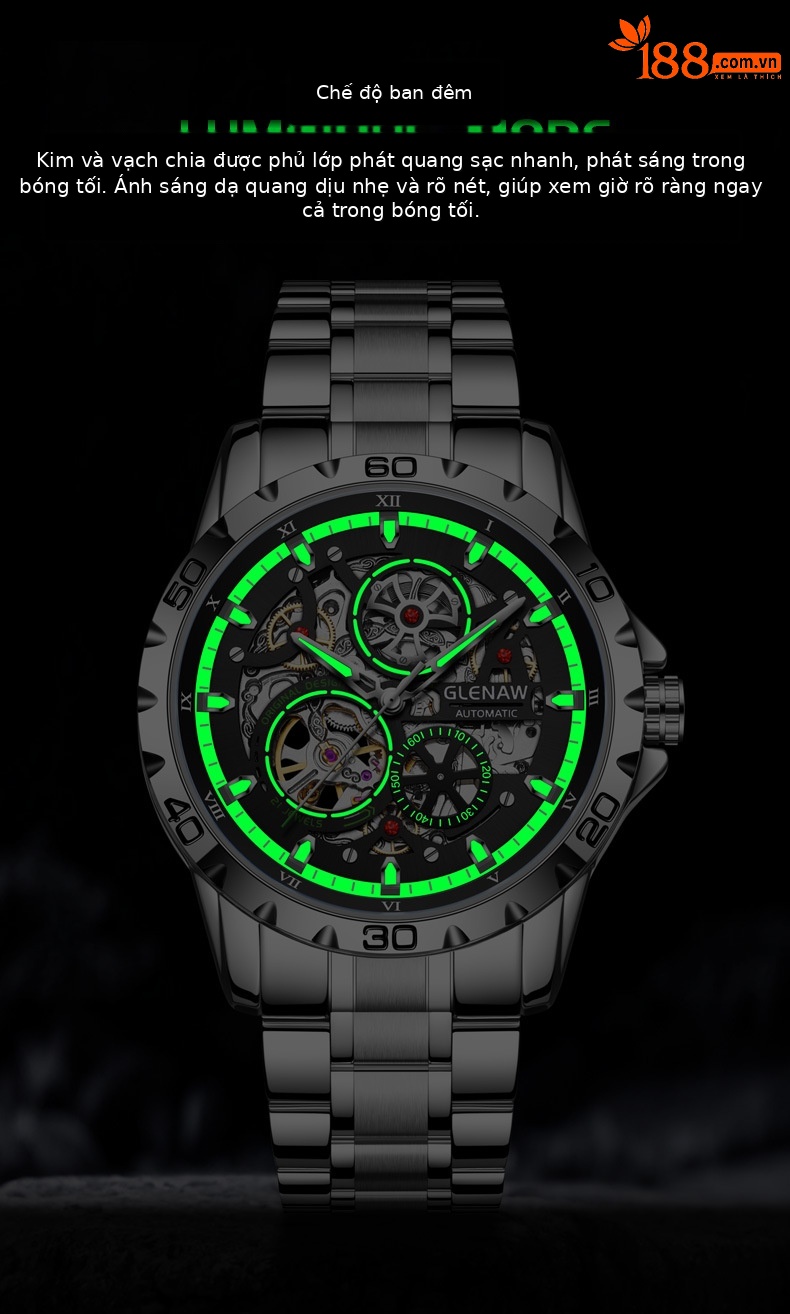 Đồng hồ nam automatic skeleton lộ máy hai mặt phát sáng dây thép chi tiết 5