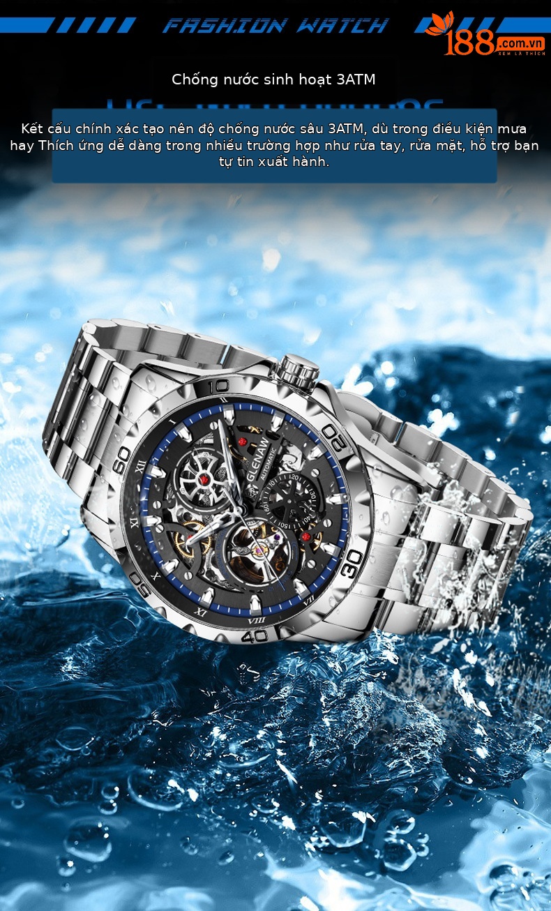 Đồng hồ nam automatic skeleton lộ máy hai mặt phát sáng dây thép chi tiết 6