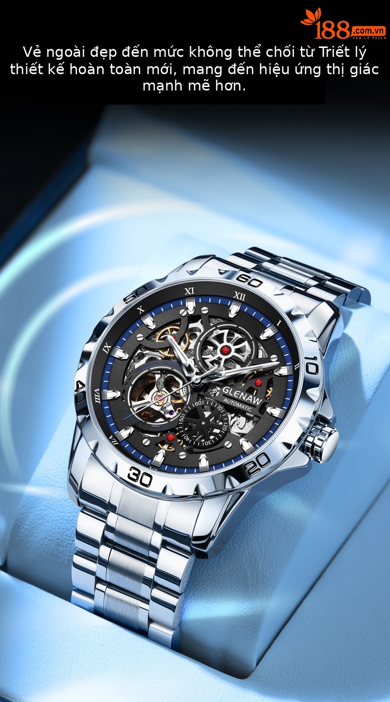 Đồng hồ nam automatic skeleton lộ máy hai mặt phát sáng dây thép chi tiết 7