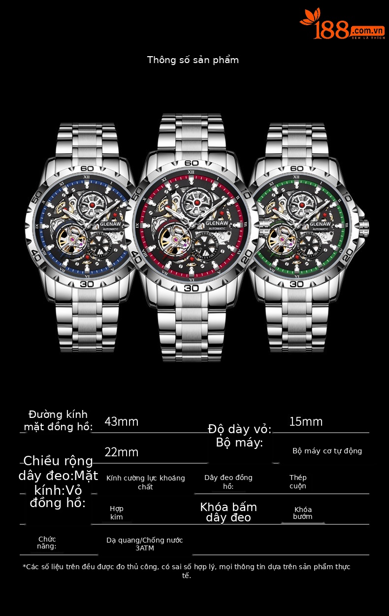 Đồng hồ nam automatic skeleton lộ máy hai mặt phát sáng dây thép chi tiết 4