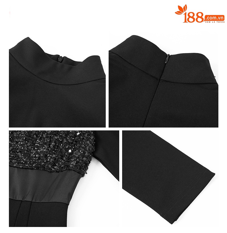 Đầm ôm body nữ phong cách Hepburn kiểu Pháp, tay dài, màu đen — Màu đen chi tiết 1