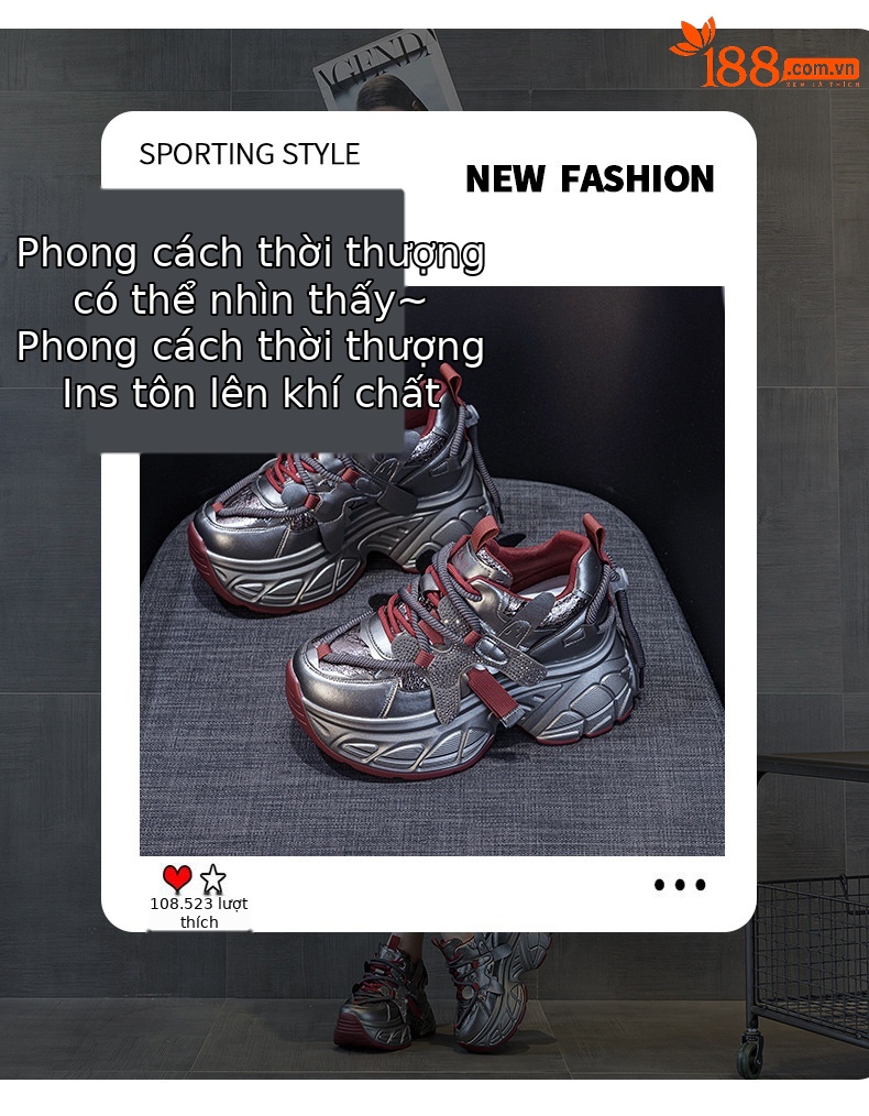Giày sneaker nữ chunky đế dày tăng chiều cao phong cách Hàn Quốc — M2699 màu đỏ, M2699 màu be chi tiết 3