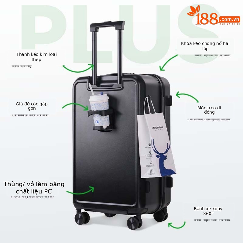 Vali PC đa năng dung tích lớn có khay đựng cốc, phù hợp mang lên máy bay (20 inch) — Hoa anh đào, Màu trắng, Xanh bạc hà, Đạn bạc