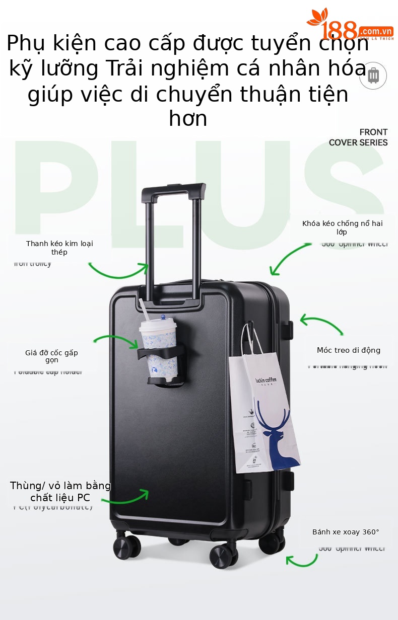 Vali PC đa năng dung tích lớn có khay đựng cốc, phù hợp mang lên máy bay (20 inch) — Hoa anh đào, Màu trắng, Xanh bạc hà, Đạn bạc chi tiết 2