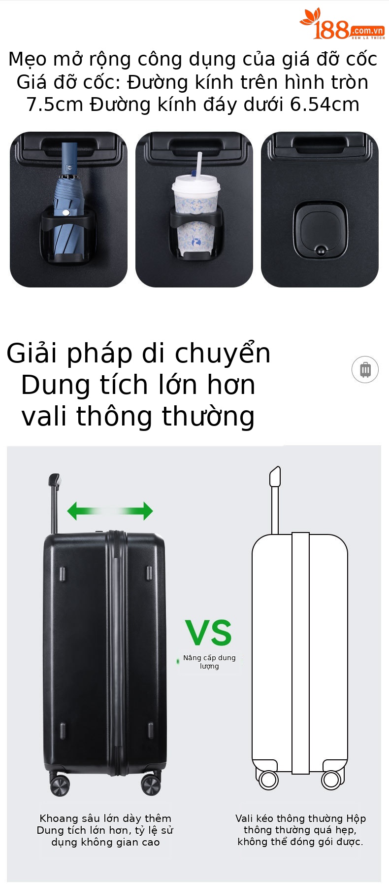 Vali PC đa năng dung tích lớn có khay đựng cốc, phù hợp mang lên máy bay (20 inch) — Hoa anh đào, Màu trắng, Xanh bạc hà, Đạn bạc chi tiết 3