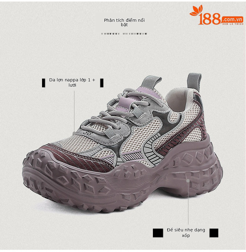 Giày sneaker chunky đế dày lưới thoáng khí xuân hè — Màu sâm panh chi tiết 3