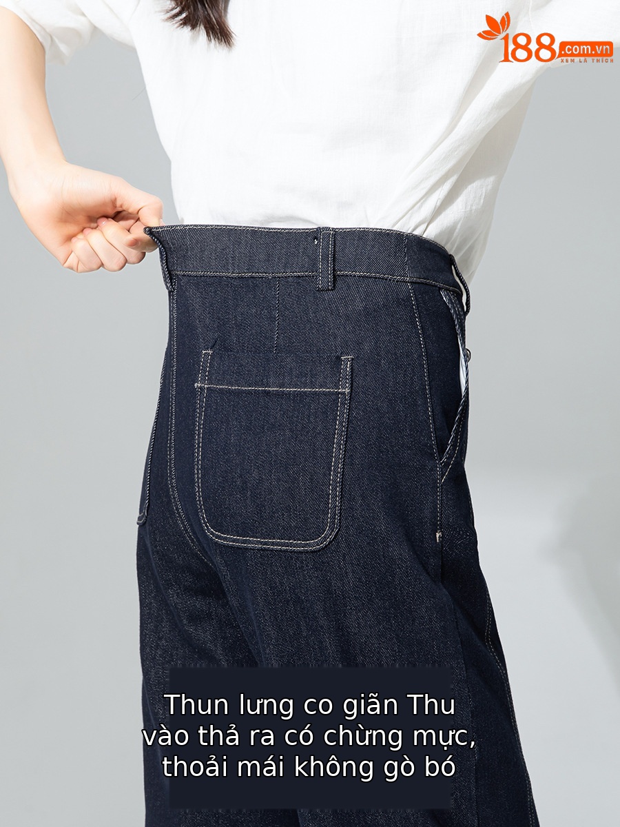 Quần jeans nữ cạp cao ống rộng dáng harem denim — Xanh denim