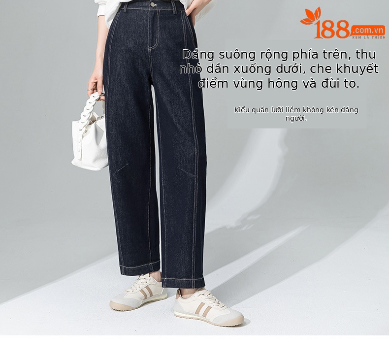 Quần jeans nữ cạp cao ống rộng dáng harem denim — Xanh denim chi tiết 10