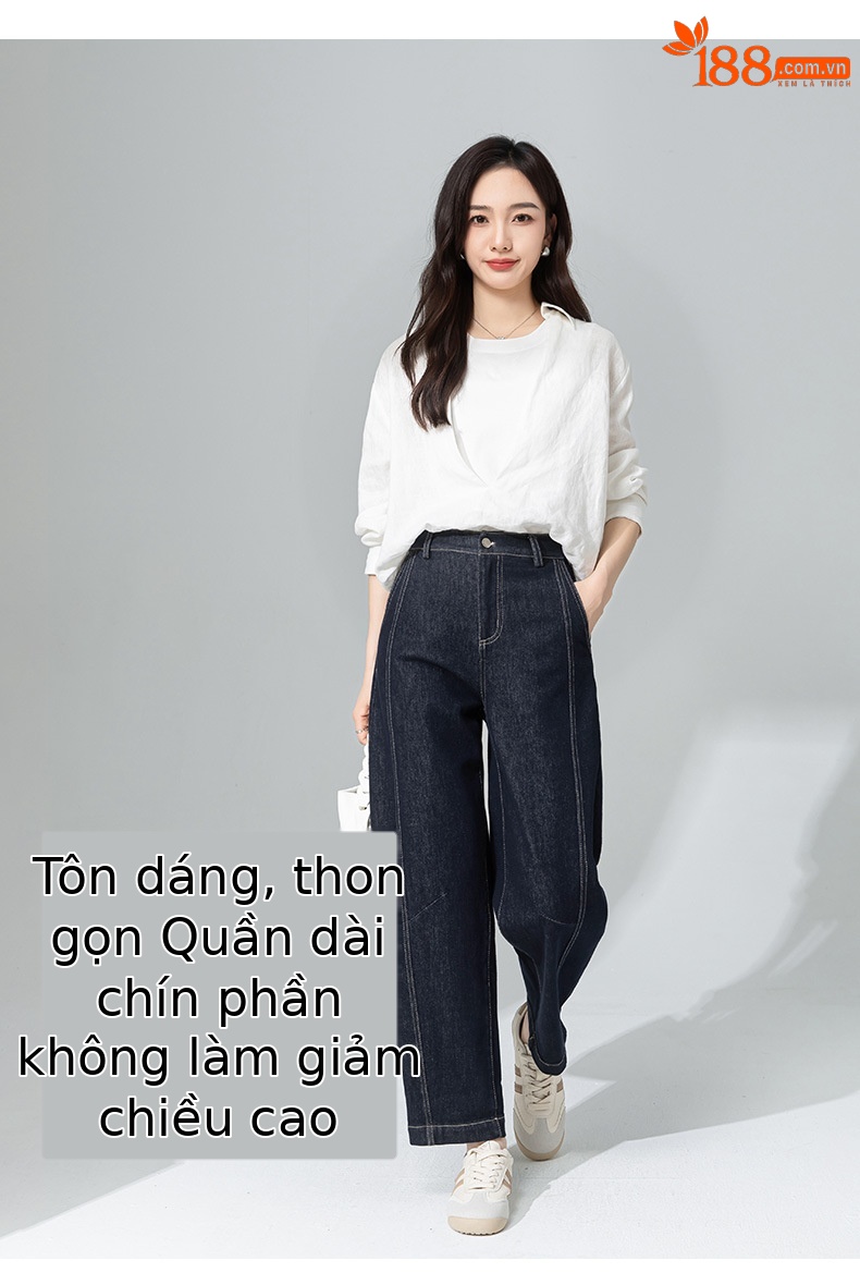 Quần jeans nữ cạp cao ống rộng dáng harem denim — Xanh denim chi tiết 11