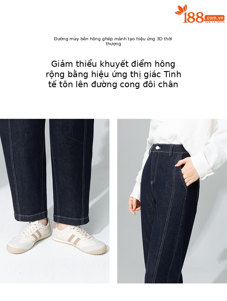 Quần jeans nữ cạp cao ống rộng dáng harem denim — Xanh denim chi tiết 12