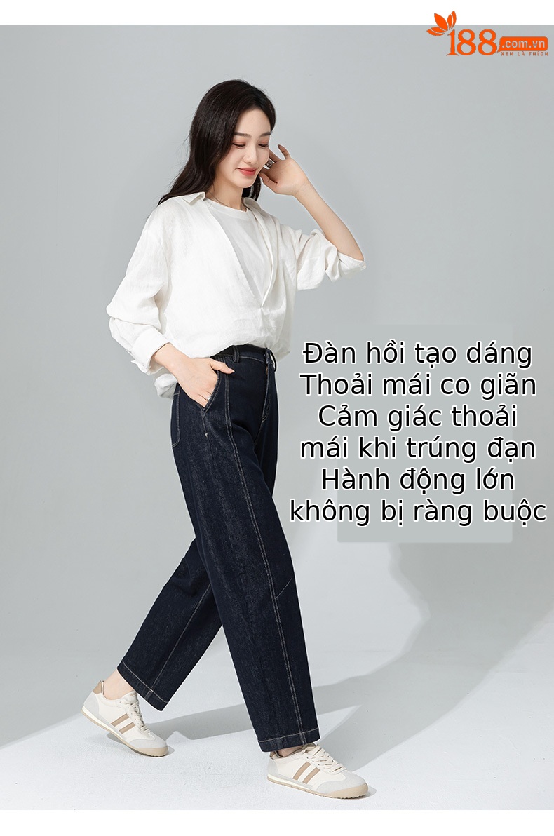 Quần jeans nữ cạp cao ống rộng dáng harem denim — Xanh denim chi tiết 14