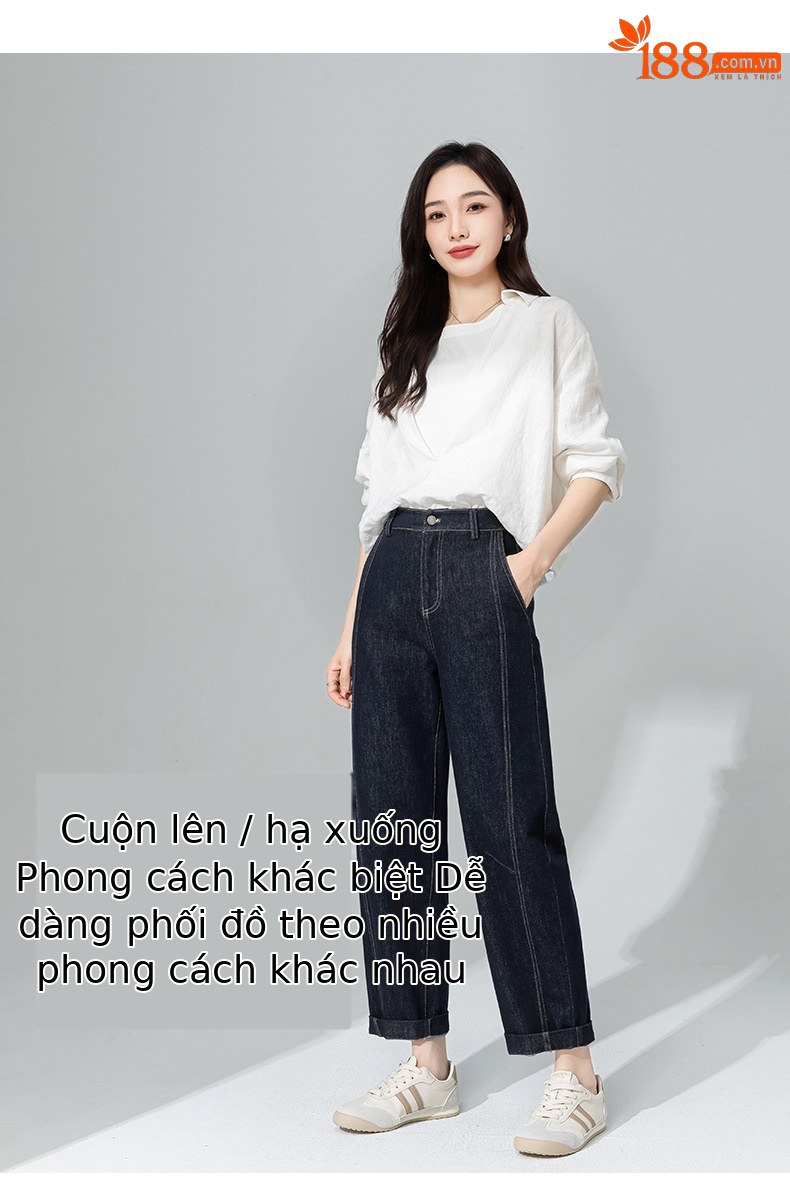 Quần jeans nữ cạp cao ống rộng dáng harem denim — Xanh denim chi tiết 15