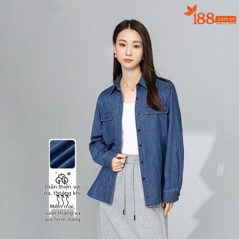 Áo sơ mi denim nữ dài tay phong cách Hàn Quốc, mặc lót hoặc mặc ngoài, tôn dáng gầy — Màu xanh lam