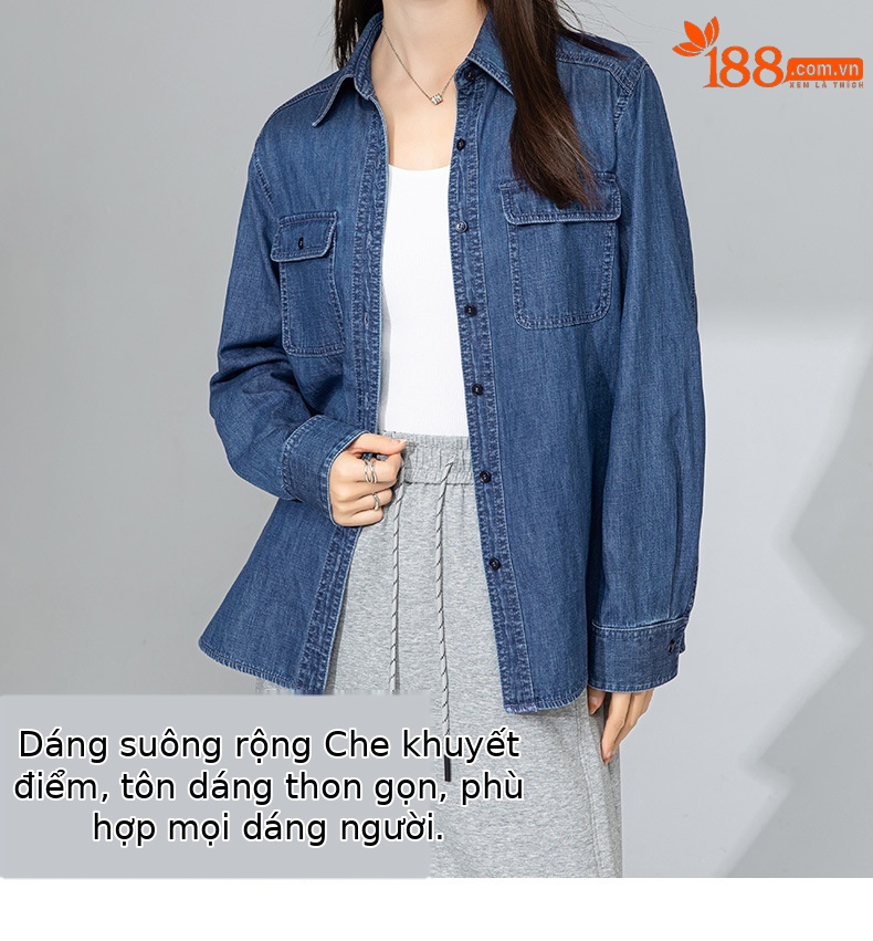 Áo sơ mi denim nữ dài tay phong cách Hàn Quốc, mặc lót hoặc mặc ngoài, tôn dáng gầy — Màu xanh lam chi tiết 8
