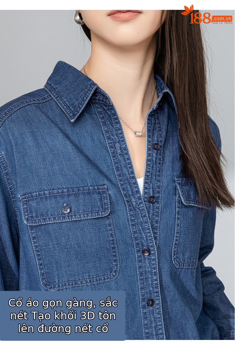 Áo sơ mi denim nữ dài tay phong cách Hàn Quốc, mặc lót hoặc mặc ngoài, tôn dáng gầy — Màu xanh lam chi tiết 9