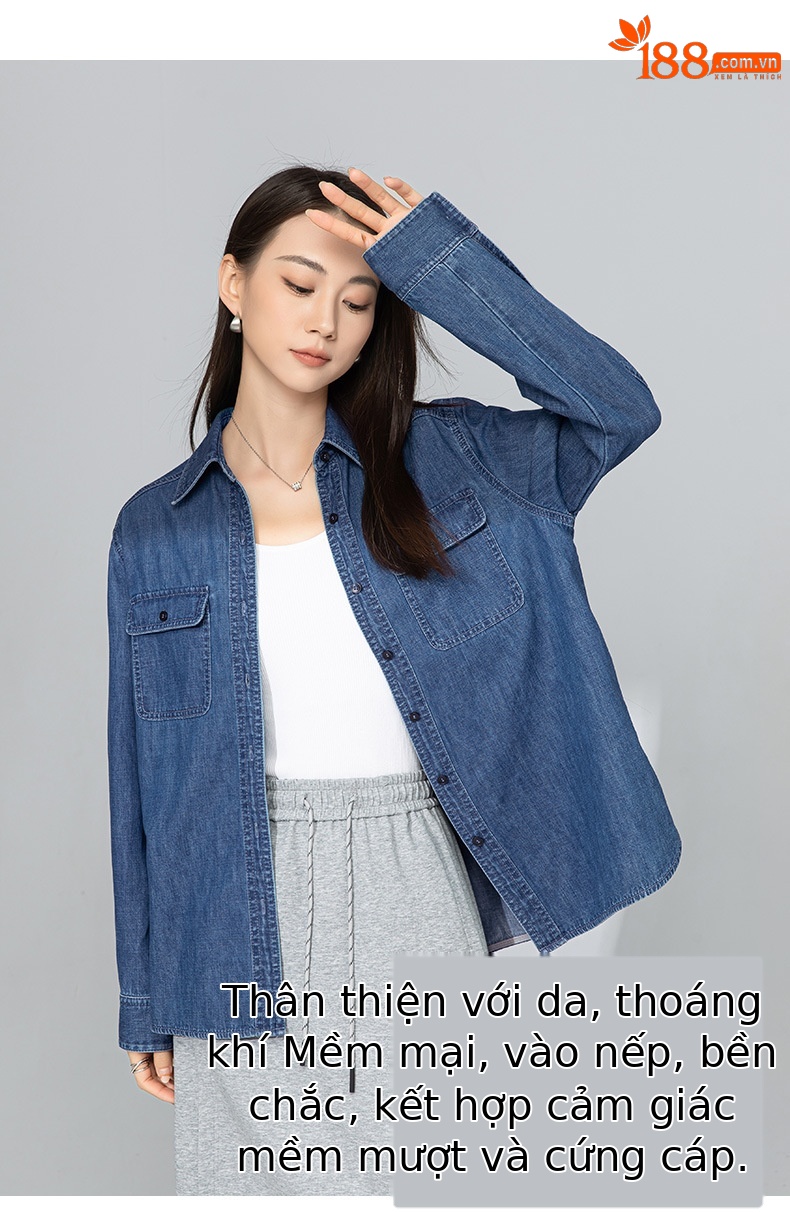 Áo sơ mi denim nữ dài tay phong cách Hàn Quốc, mặc lót hoặc mặc ngoài, tôn dáng gầy — Màu xanh lam chi tiết 12
