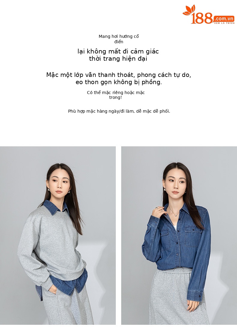 Áo sơ mi denim nữ dài tay phong cách Hàn Quốc, mặc lót hoặc mặc ngoài, tôn dáng gầy — Màu xanh lam chi tiết 13