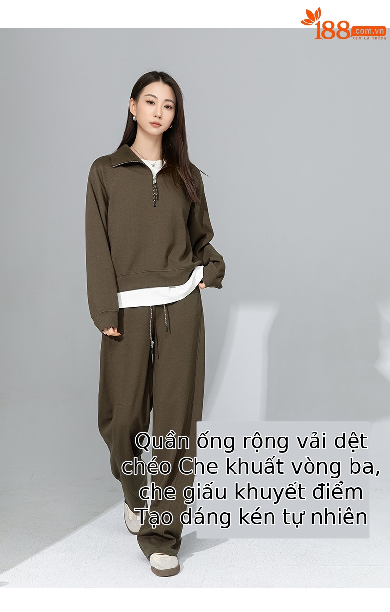 Áo hoodie cổ đứng nửa khóa kéo phong cách lười biếng Xinge — Quần dài màu cà phê 85033 chi tiết 10