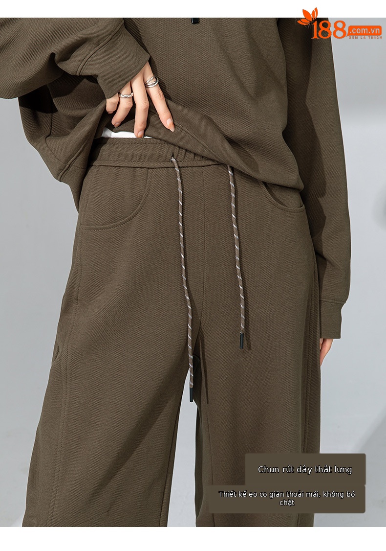 Áo hoodie cổ đứng nửa khóa kéo phong cách lười biếng Xinge — Quần dài màu cà phê 85033 chi tiết 13