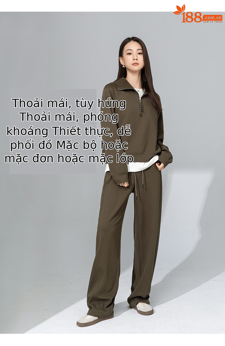 Áo hoodie cổ đứng nửa khóa kéo phong cách lười biếng Xinge — Quần dài màu cà phê 85033 chi tiết 14
