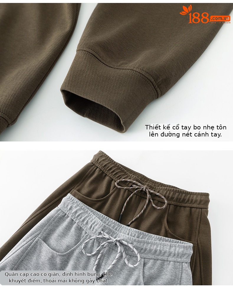 Áo hoodie cổ đứng nửa khóa kéo phong cách lười biếng Xinge — Quần dài màu cà phê 85033 chi tiết 15