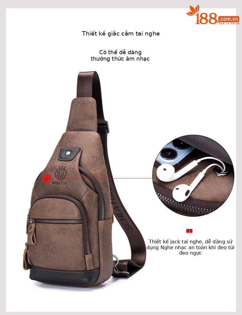 Túi đeo chéo nam da bò phối màu cổ điển phong cách Âu Mỹ — Màu cà phê, Màu nâu chi tiết 4