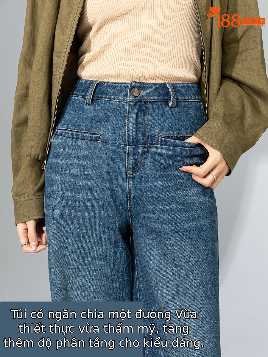 Quần jean ống rộng nữ dáng suông chất Tencel linen dài chấm đất — Màu xanh lam