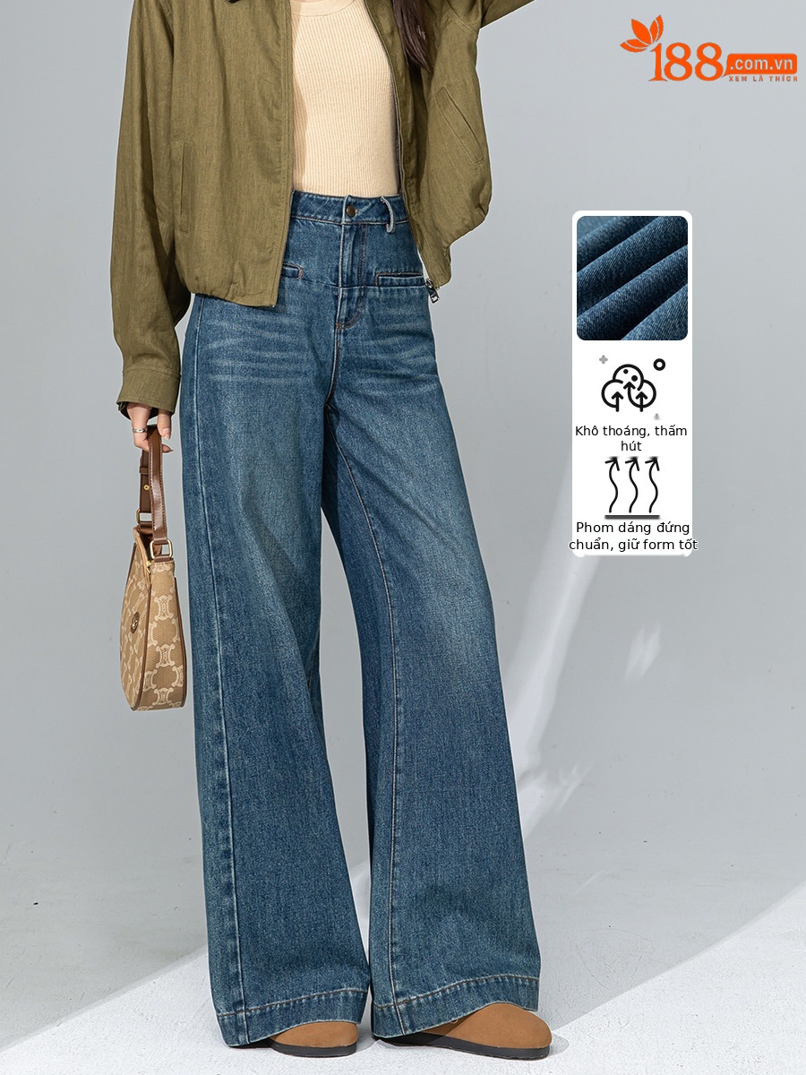 Quần jean ống rộng nữ dáng suông chất Tencel linen dài chấm đất — Màu xanh lam
