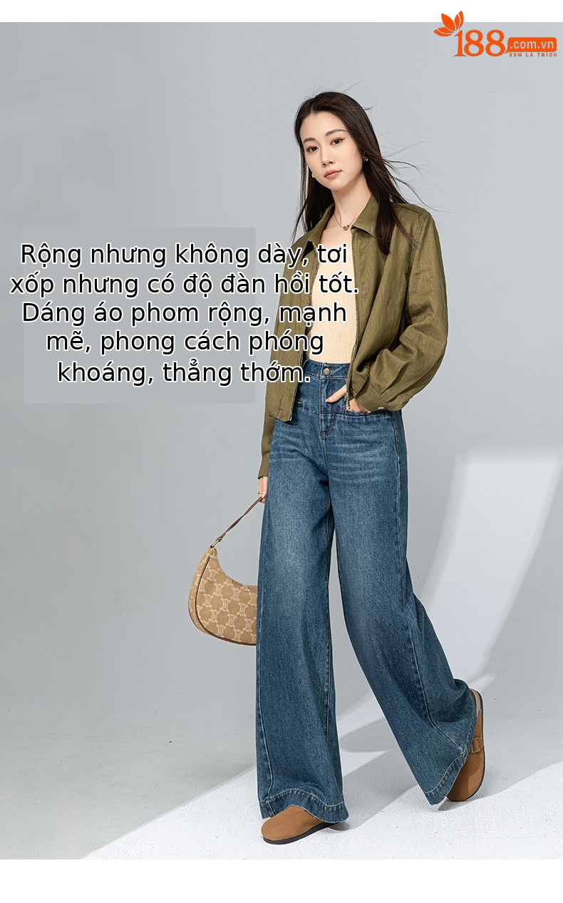 Quần jean ống rộng nữ dáng suông chất Tencel linen dài chấm đất — Màu xanh lam chi tiết 9