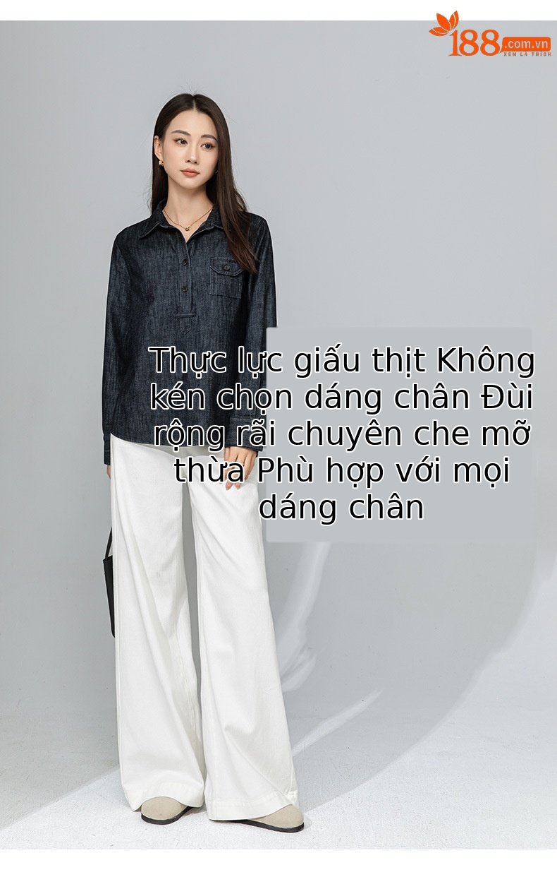 Quần jean ống rộng nữ dáng suông chất Tencel linen dài chấm đất — Màu xanh lam chi tiết 10