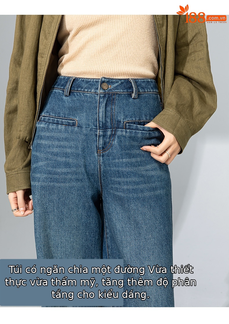 Quần jean ống rộng nữ dáng suông chất Tencel linen dài chấm đất — Màu xanh lam chi tiết 11