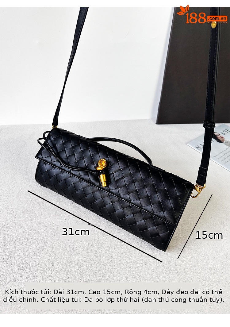 Túi clutch da bò dệt thủ công phong cách Pháp đeo chéo một bên vai — Cà phê, Trắng be, Xám nhạt, Xanh cỏ chi tiết 3
