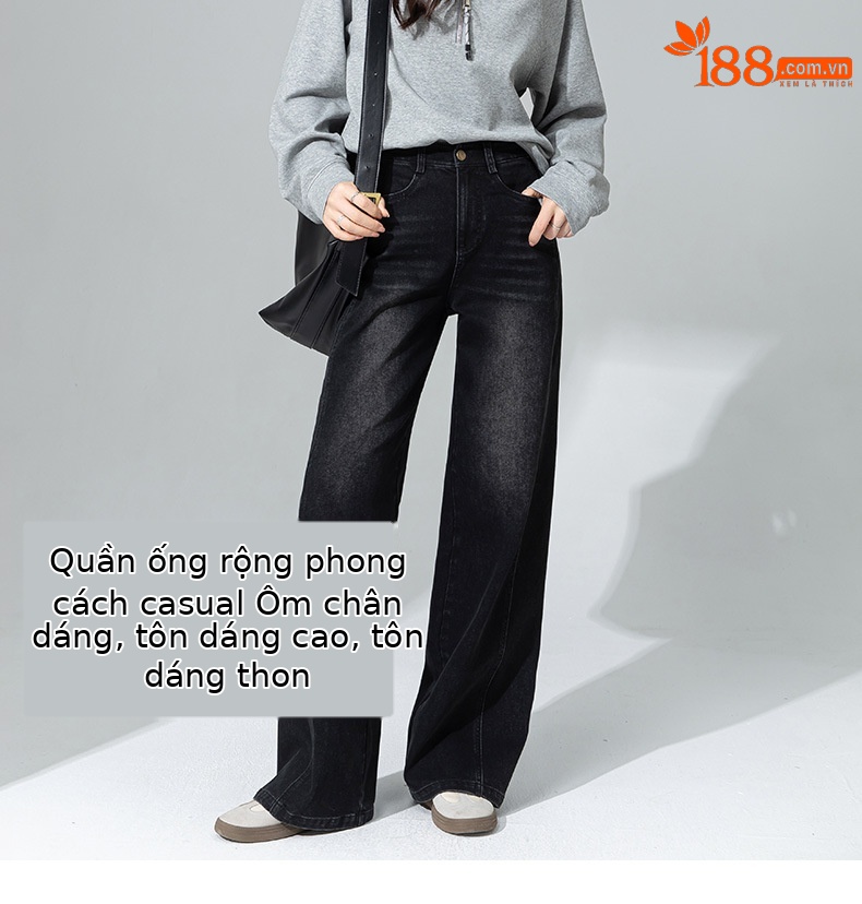 Quần jean ống rộng cạp cao Xingge dáng suông dài chạm đất — màu đen chi tiết 8