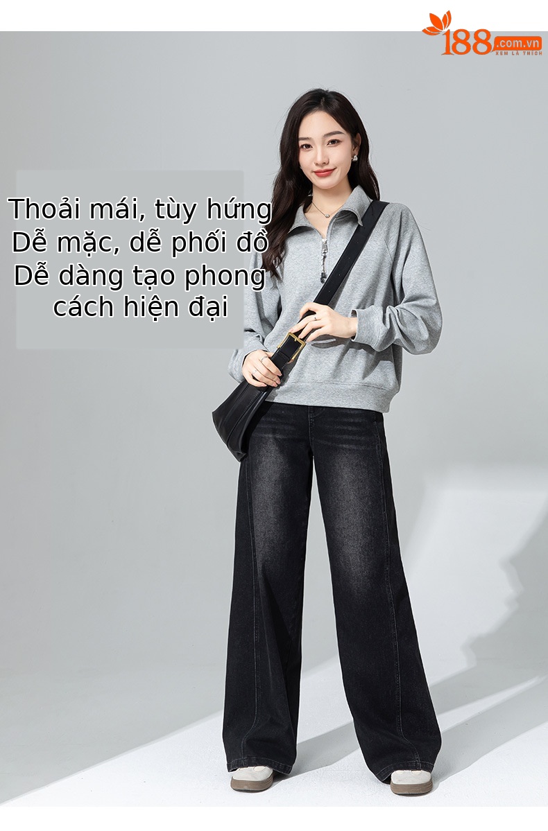 Quần jean ống rộng cạp cao Xingge dáng suông dài chạm đất — màu đen chi tiết 13