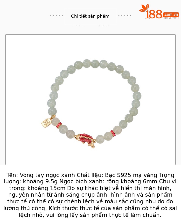 Vòng tay bạc S925 mạ vàng đính đá sapphire Hetian hạt tròn phong cách Koi Fu — Một chiếc chi tiết 3
