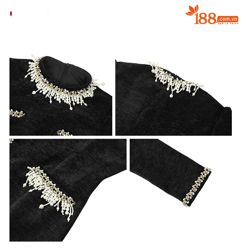 Váy đen dáng ôm tay bồng đính hạt cườm phong cách Chanel — Màu đen chi tiết 2