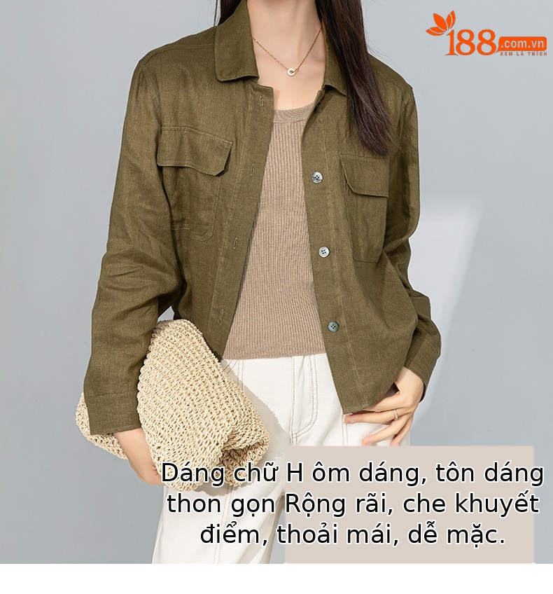 Áo sơ mi nữ vải lanh mỏng cổ polo tay dài rộng rãi phong cách xuân hè — Xanh ô liu chi tiết 10