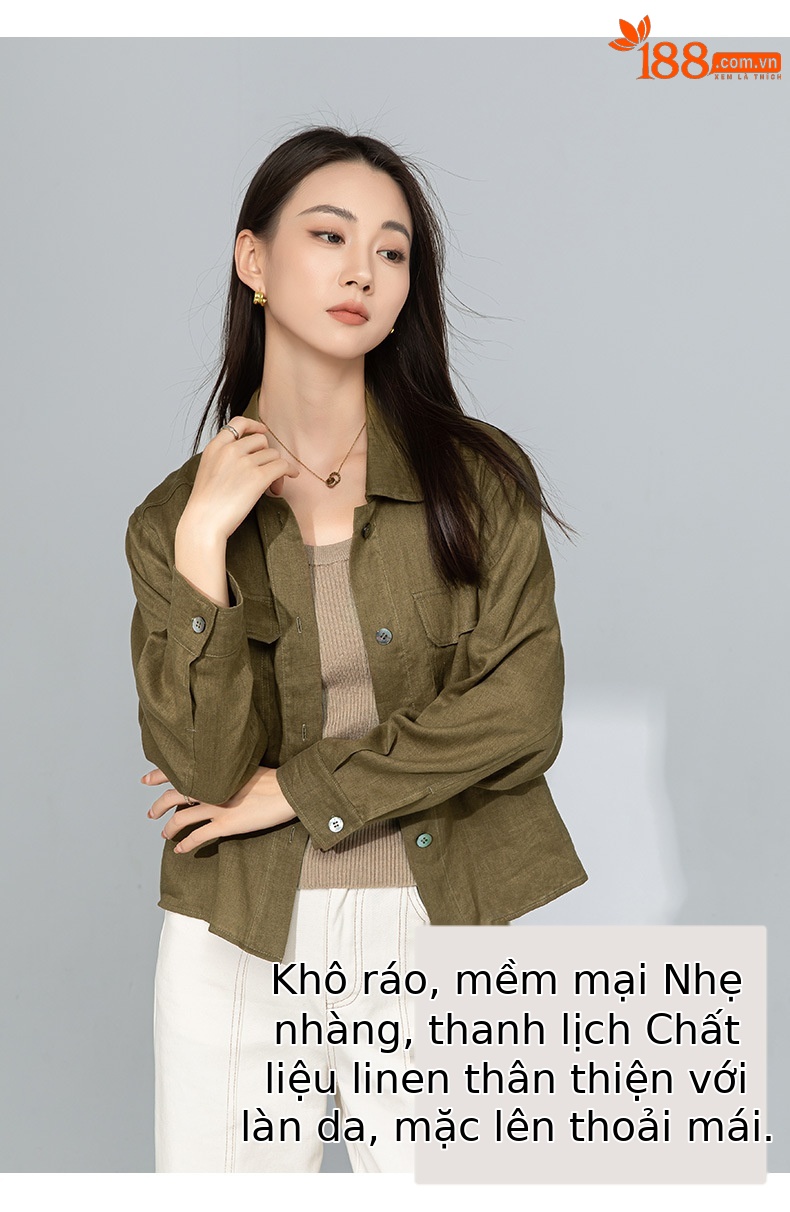 Áo sơ mi nữ vải lanh mỏng cổ polo tay dài rộng rãi phong cách xuân hè — Xanh ô liu chi tiết 14