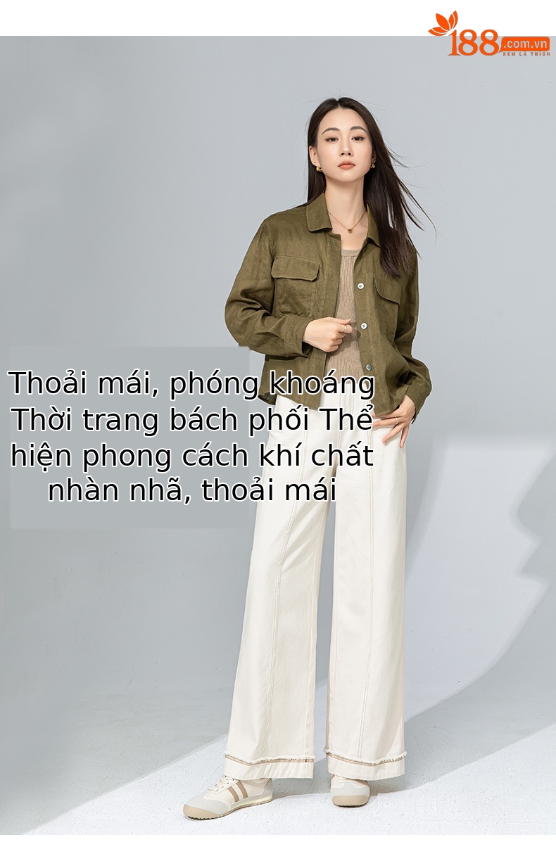 Áo sơ mi nữ vải lanh mỏng cổ polo tay dài rộng rãi phong cách xuân hè — Xanh ô liu chi tiết 15