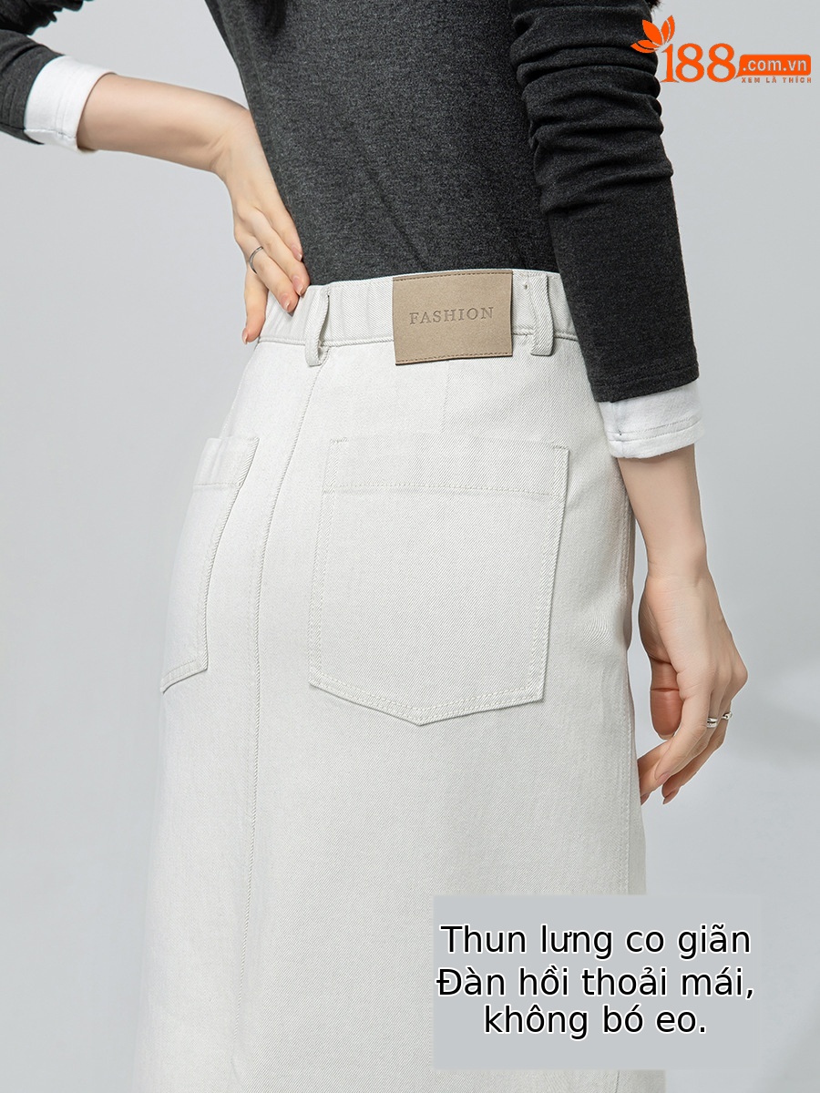 Váy denim trắng nữ cạp cao bút chì phong cách tối giản dài midi — Màu xám trắng