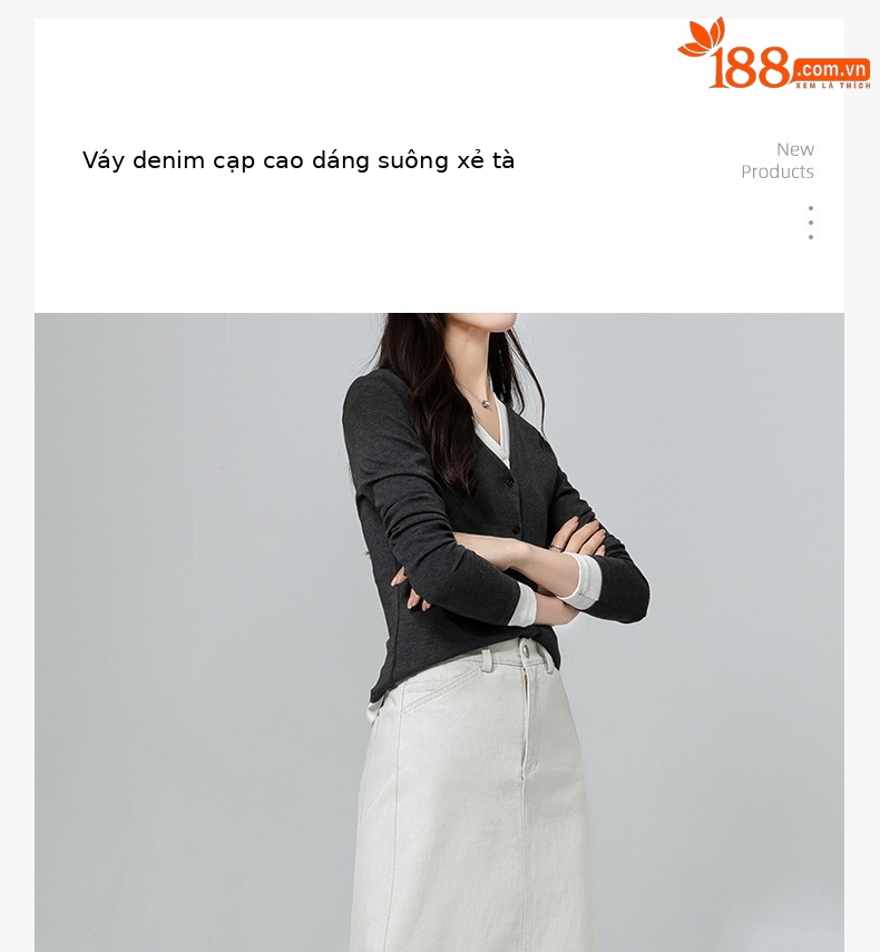 Váy denim trắng nữ cạp cao bút chì phong cách tối giản dài midi — Màu xám trắng chi tiết 3