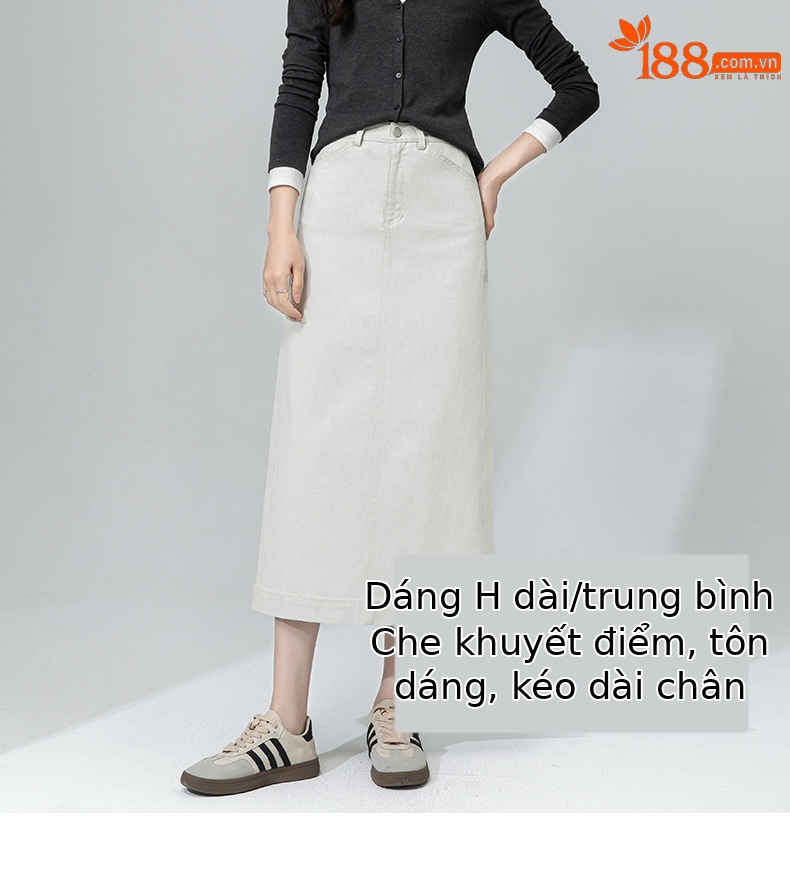Váy denim trắng nữ cạp cao bút chì phong cách tối giản dài midi — Màu xám trắng chi tiết 8