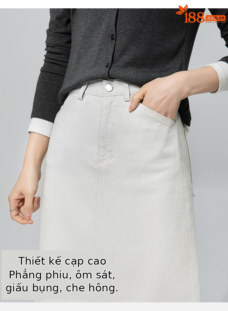 Váy denim trắng nữ cạp cao bút chì phong cách tối giản dài midi — Màu xám trắng chi tiết 9
