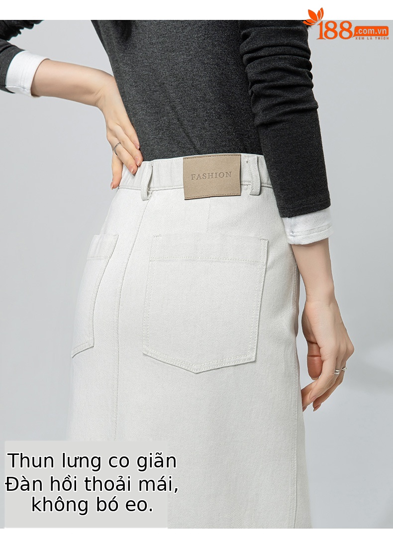 Váy denim trắng nữ cạp cao bút chì phong cách tối giản dài midi — Màu xám trắng chi tiết 11